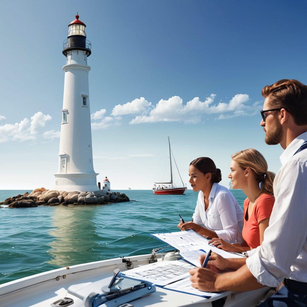 A serene coastal scene featuring a diverse group of boaters discussing nautical insurance options, surrounded by various boats and a lighthouse in the background. Incorporate elements like charts and calculators to emphasize budgeting aspects. The mood should be inviting and informative, with a bright blue sky and calm ocean waters. super-realistic. vibrant colors. white background.