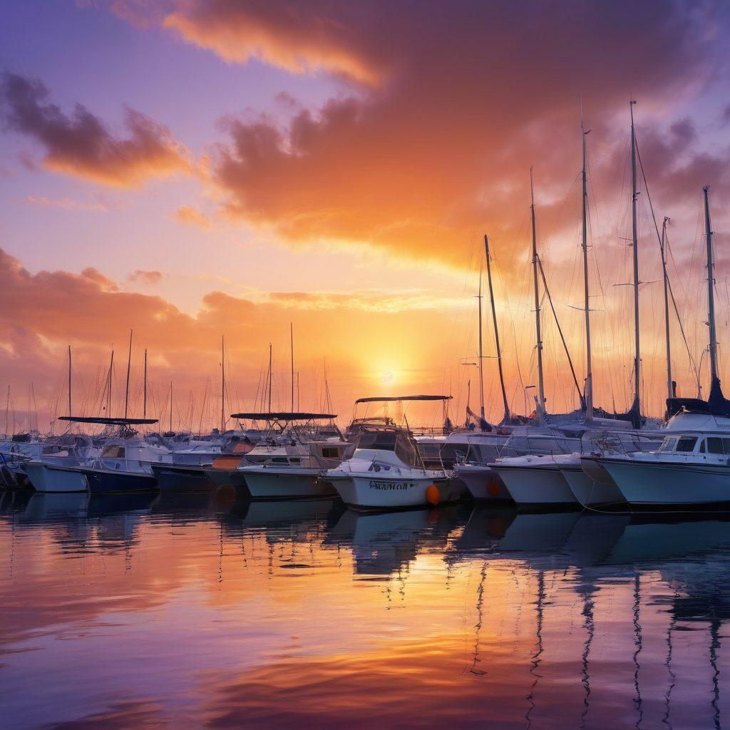 A serene harbor at sunset, showcasing various boats anchored peacefully, each adorned with protective covers and safety gear, emphasizing the importance of boat protection. In the foreground, a sailor inspecting a boat's safety equipment, reflecting thoughtful diligence. The background features a soft, glowing sky transitioning from orange to purple, adding a tranquil yet empowering atmosphere. super-realistic. vibrant colors. fishing and sailing elements.